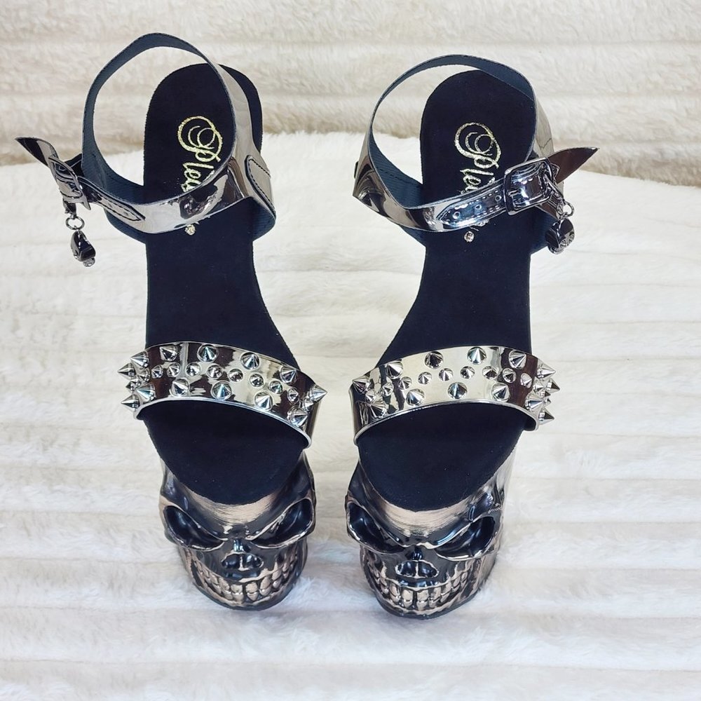 Vortex Pewter Brushed Chrome Skull & Bones Red LED Platform 8" High Heels Shoes - Picture 9 of 15